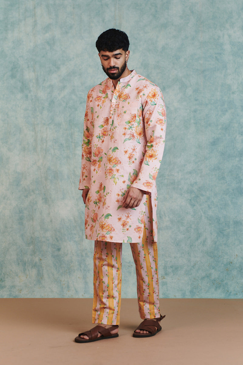 Flora Co-Linen Men's Classic Kurta Set cotton linen kurta/kurta set by Saphed Men in light pink for men Worldwide