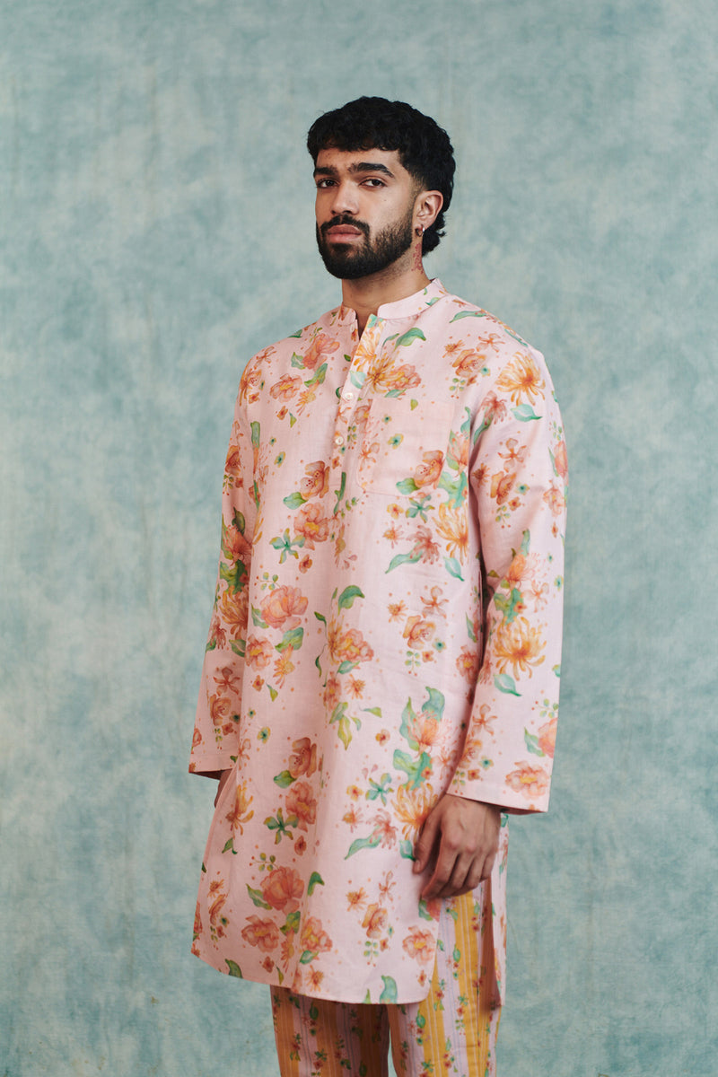 Flora Co-Linen Men's Classic Kurta Set cotton linen kurta/kurta set by Saphed Men in light pink for men Worldwide