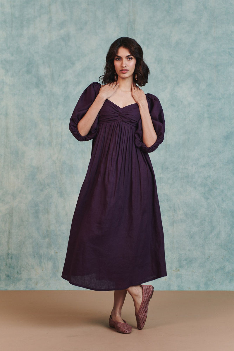 Plum Linen Front Twist Dress 100% pure linen dress by Saphed in plum for women Worldwide