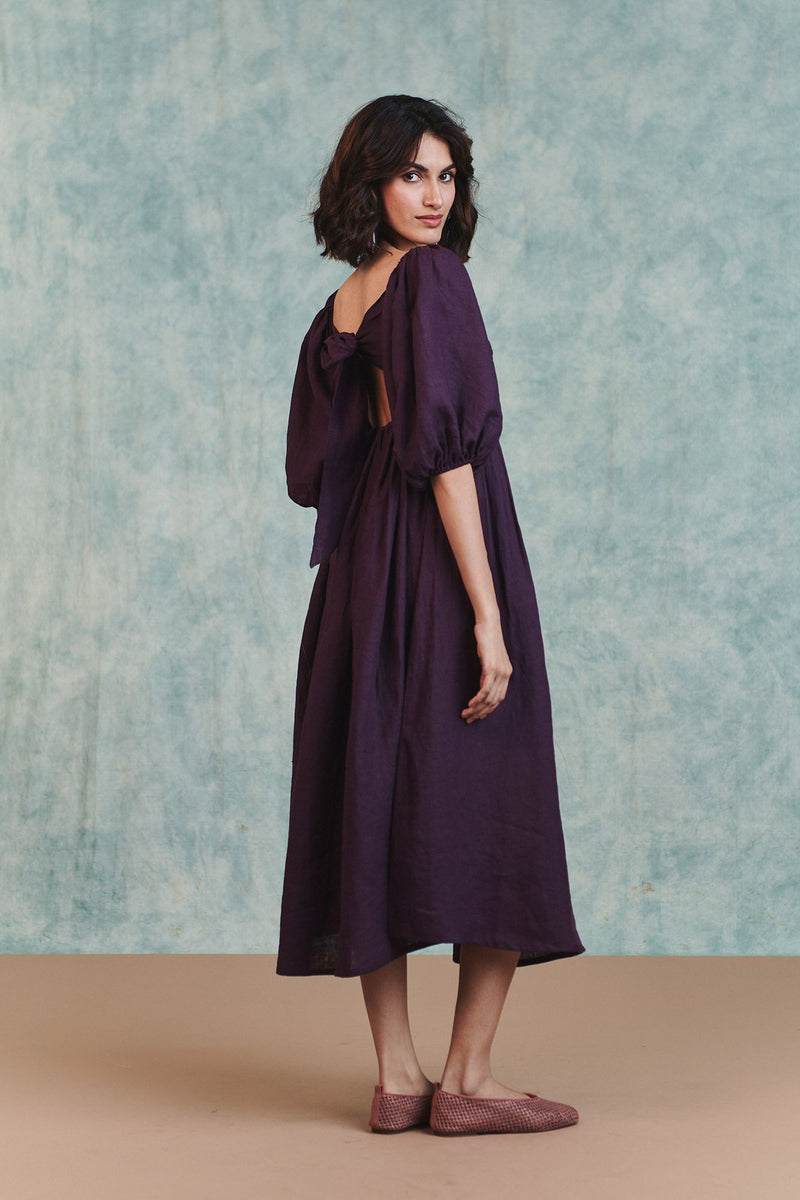 Plum Linen Front Twist Dress 100% pure linen dress by Saphed in plum for women Worldwide