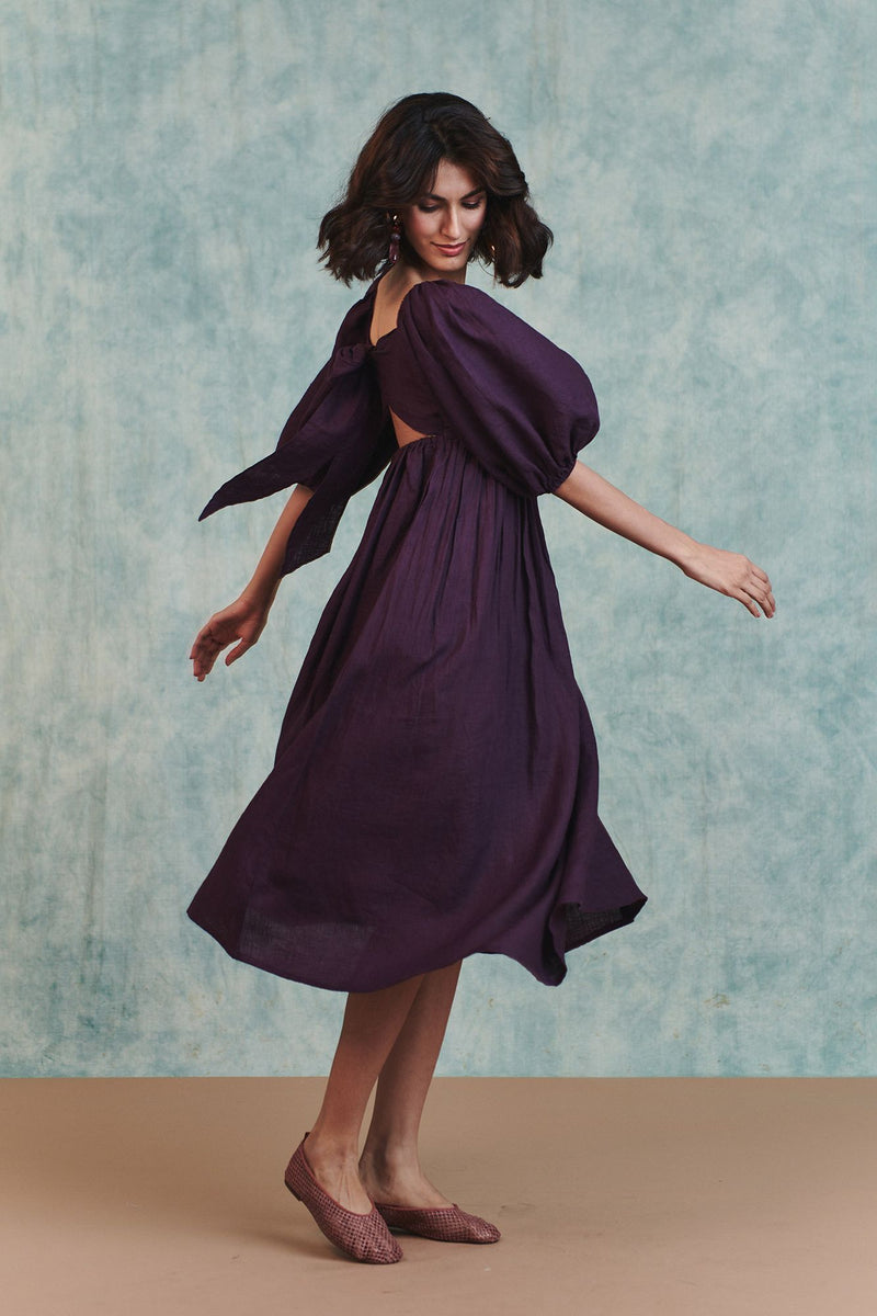 Plum Linen Front Twist Dress 100% pure linen dress by Saphed in plum for women Worldwide