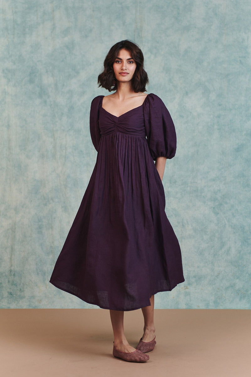 Plum Linen Front Twist Dress 100% pure linen dress by Saphed in plum for women Worldwide
