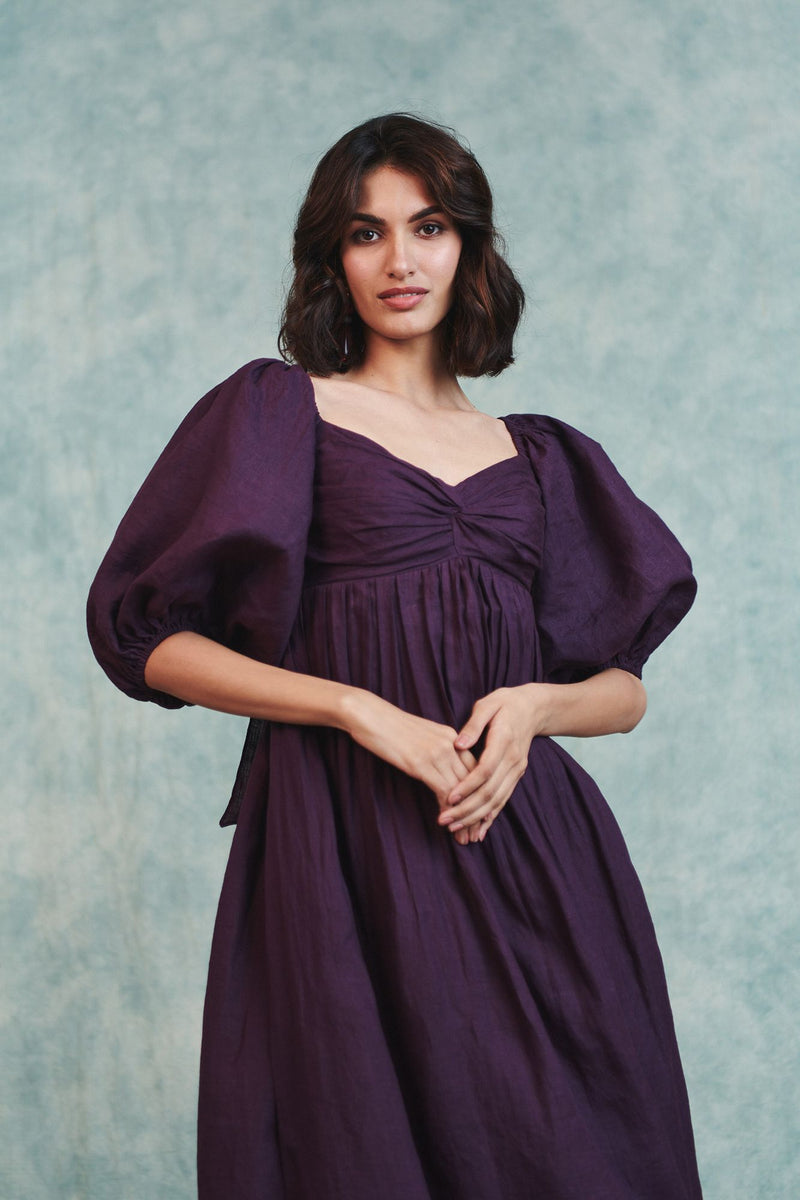 Plum Linen Front Twist Dress 100% pure linen dress by Saphed in plum for women Worldwide