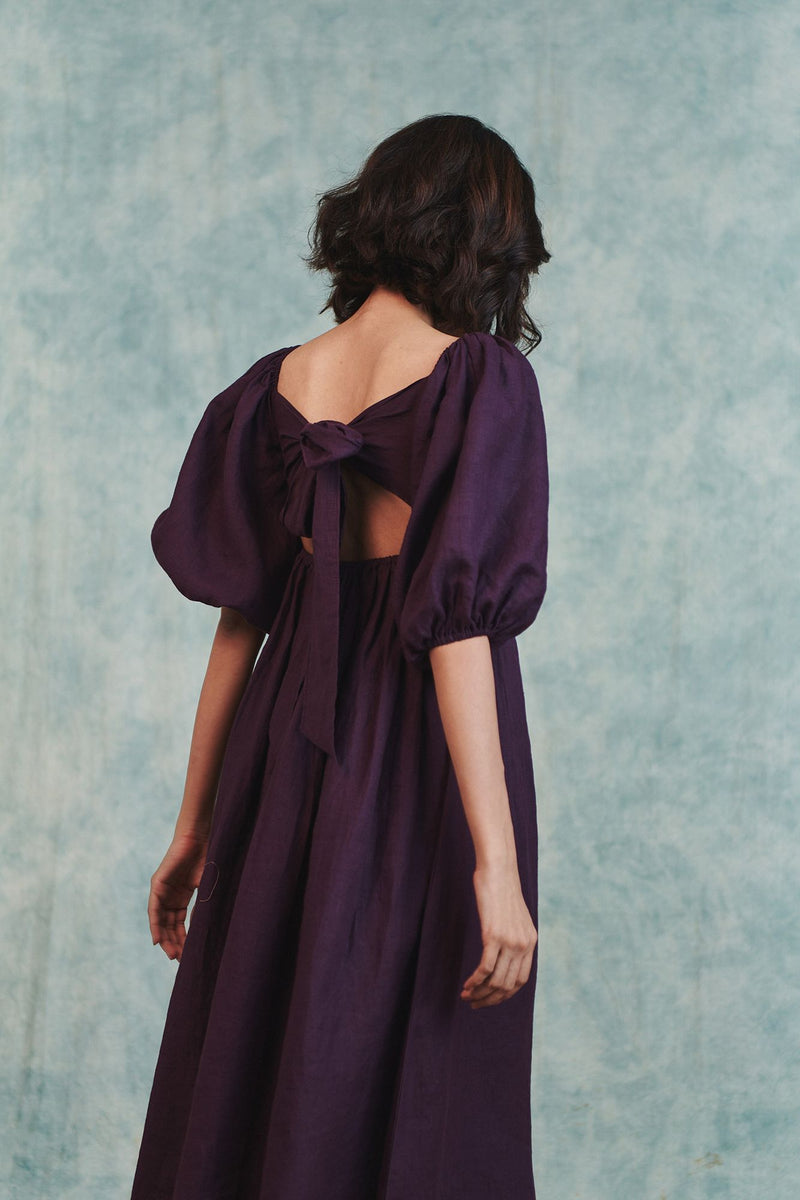 Plum Linen Front Twist Dress 100% pure linen dress by Saphed in plum for women Worldwide