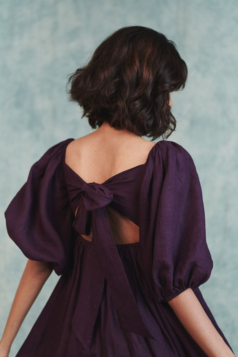 Plum Linen Front Twist Dress 100% pure linen dress by Saphed in plum for women Worldwide