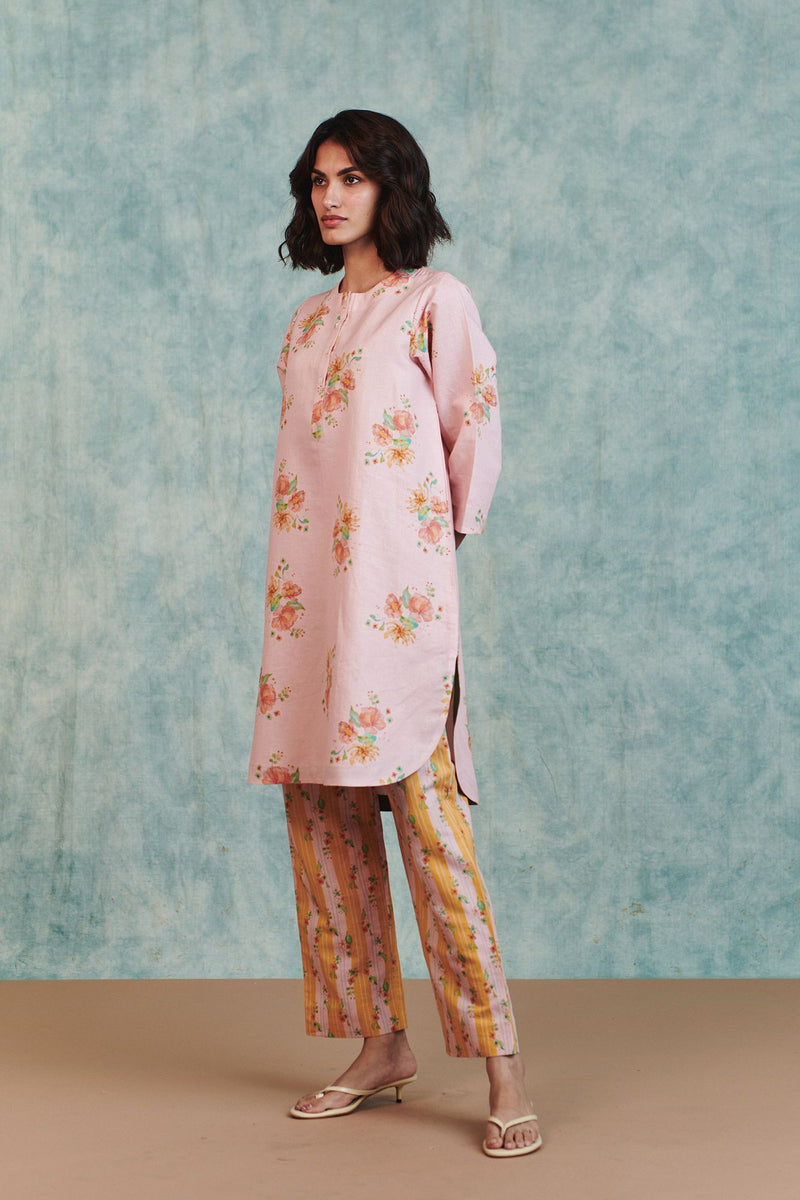 Flora Co Linen Round Hem Kurta Set cotton linen light kurta set by Saphed in pink for women Worldwide