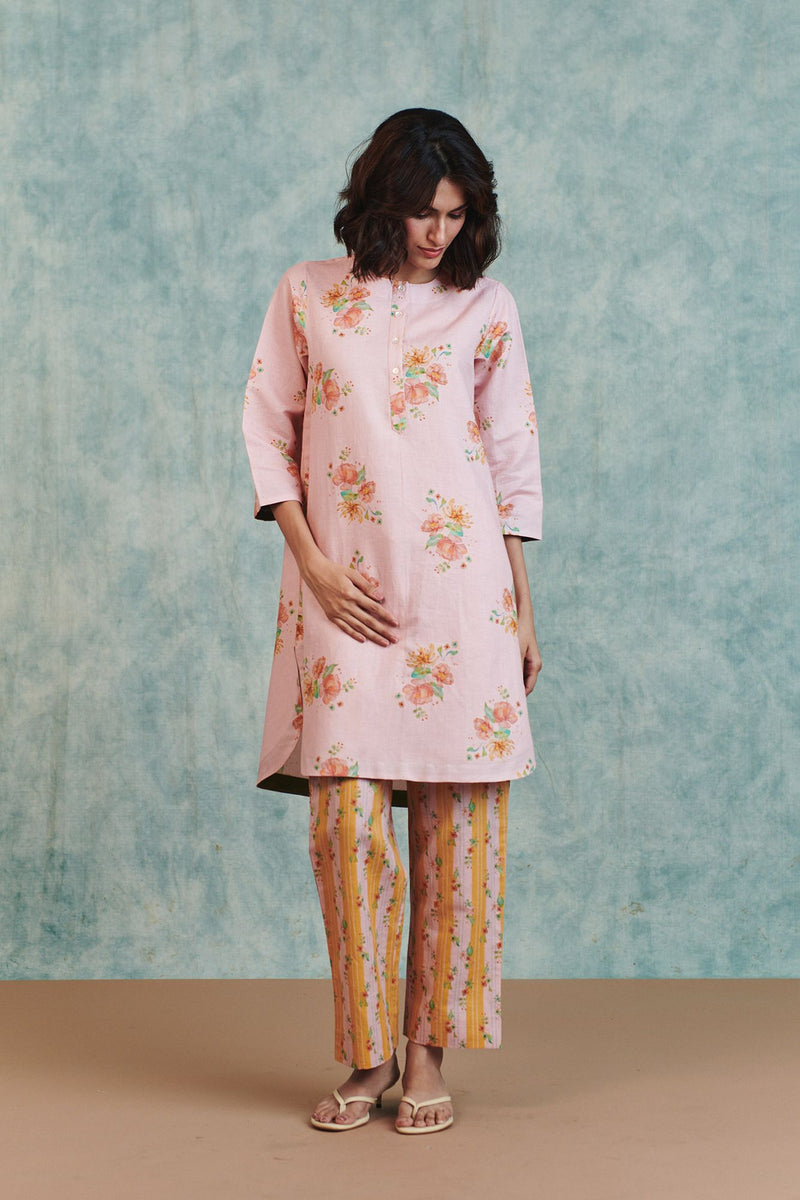 Flora Co Linen Round Hem Kurta Set cotton linen light kurta set by Saphed in pink for women Worldwide