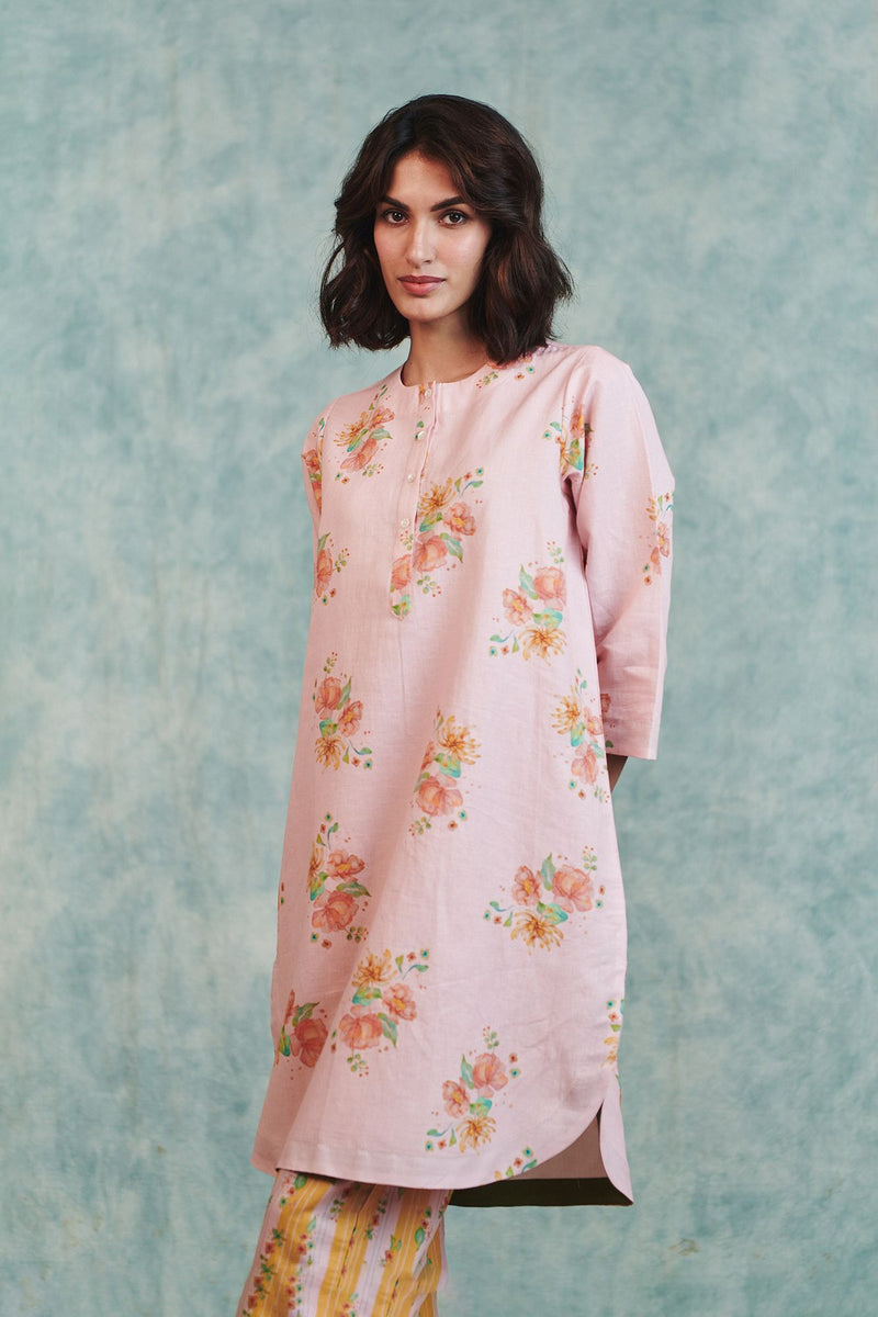 Flora Co Linen Round Hem Kurta Set cotton linen light kurta set by Saphed in pink for women Worldwide