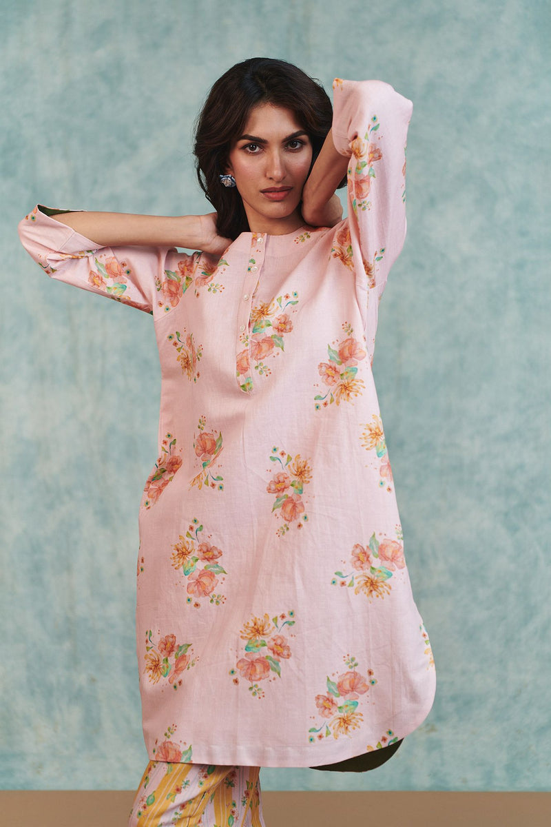 Flora Co Linen Round Hem Kurta Set cotton linen light kurta set by Saphed in pink for women Worldwide