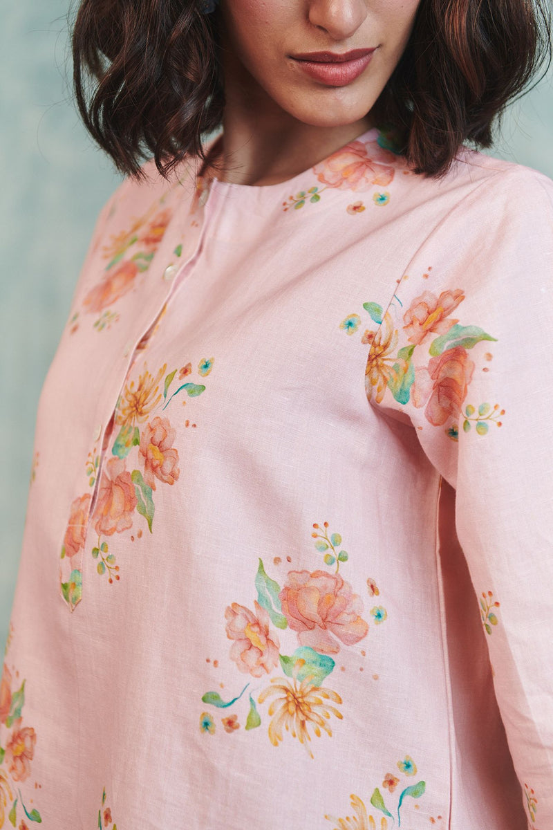 Flora Co Linen Round Hem Kurta Set cotton linen light kurta set by Saphed in pink for women Worldwide