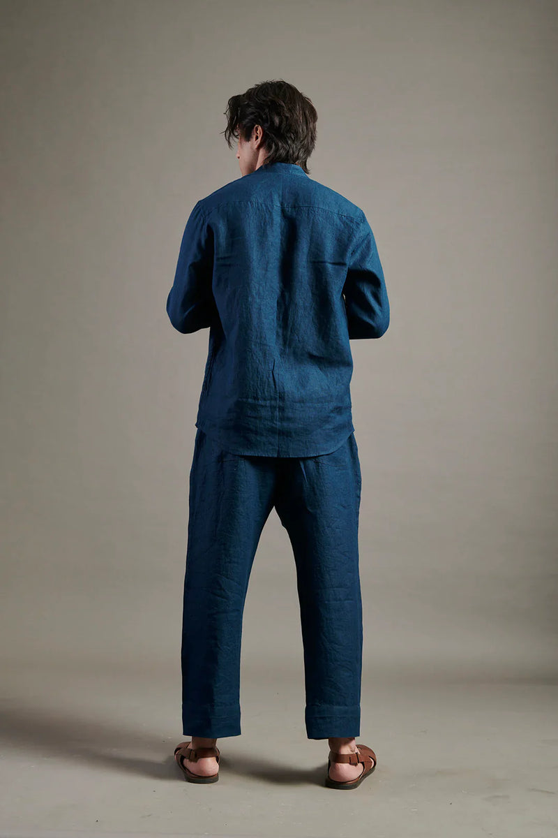Indigo Linen Band Collar Shirt linen by Saphed Men for men Worldwide