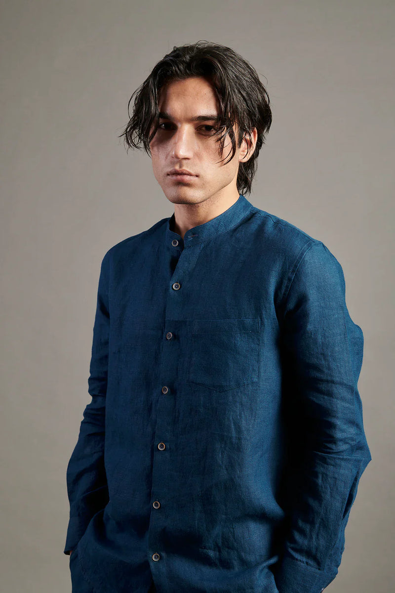 Indigo Linen Band Collar Shirt linen by Saphed Men for men Worldwide