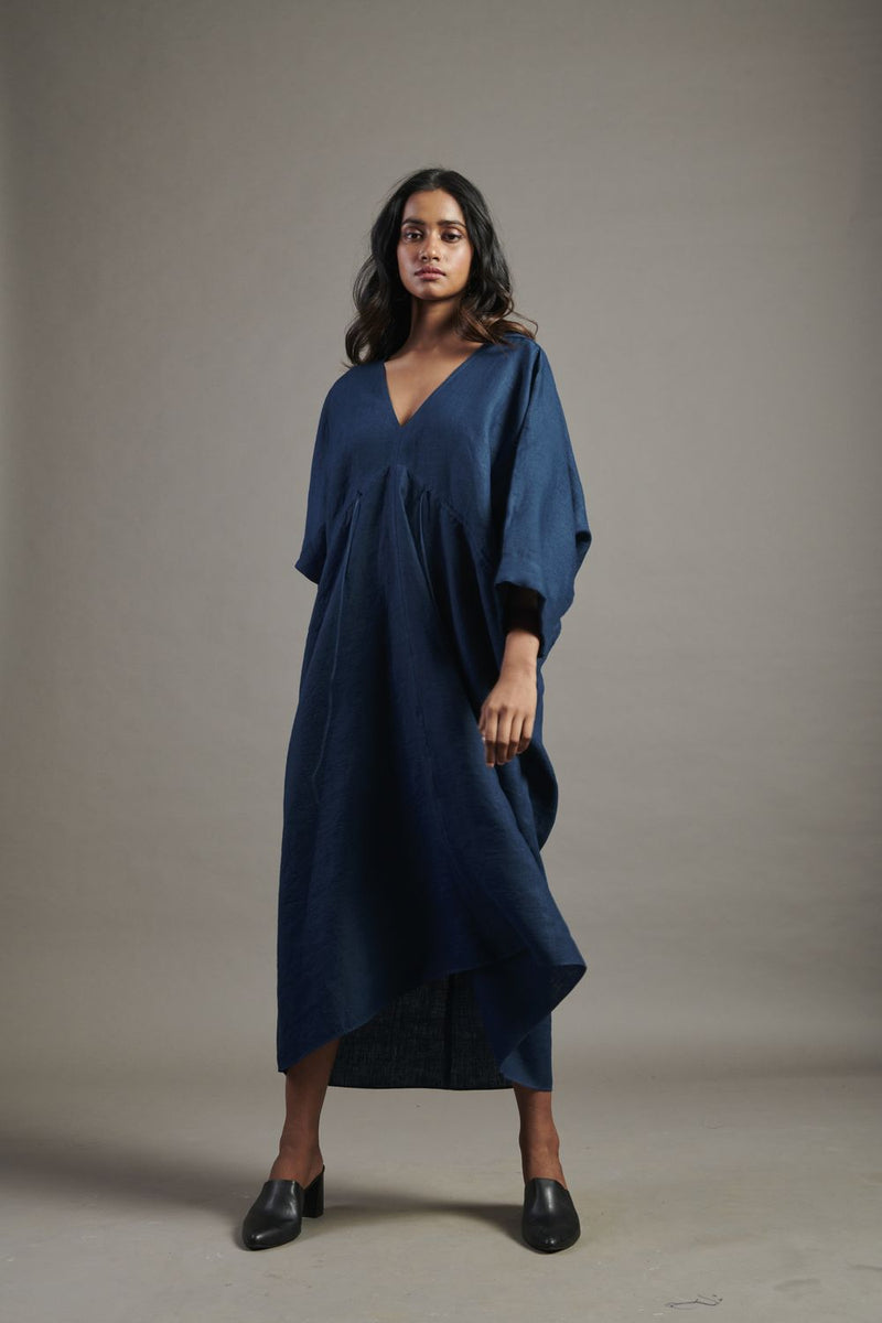 Indigo Linen Gathered Kaftan Dress linen by Saphed for women Worldwide