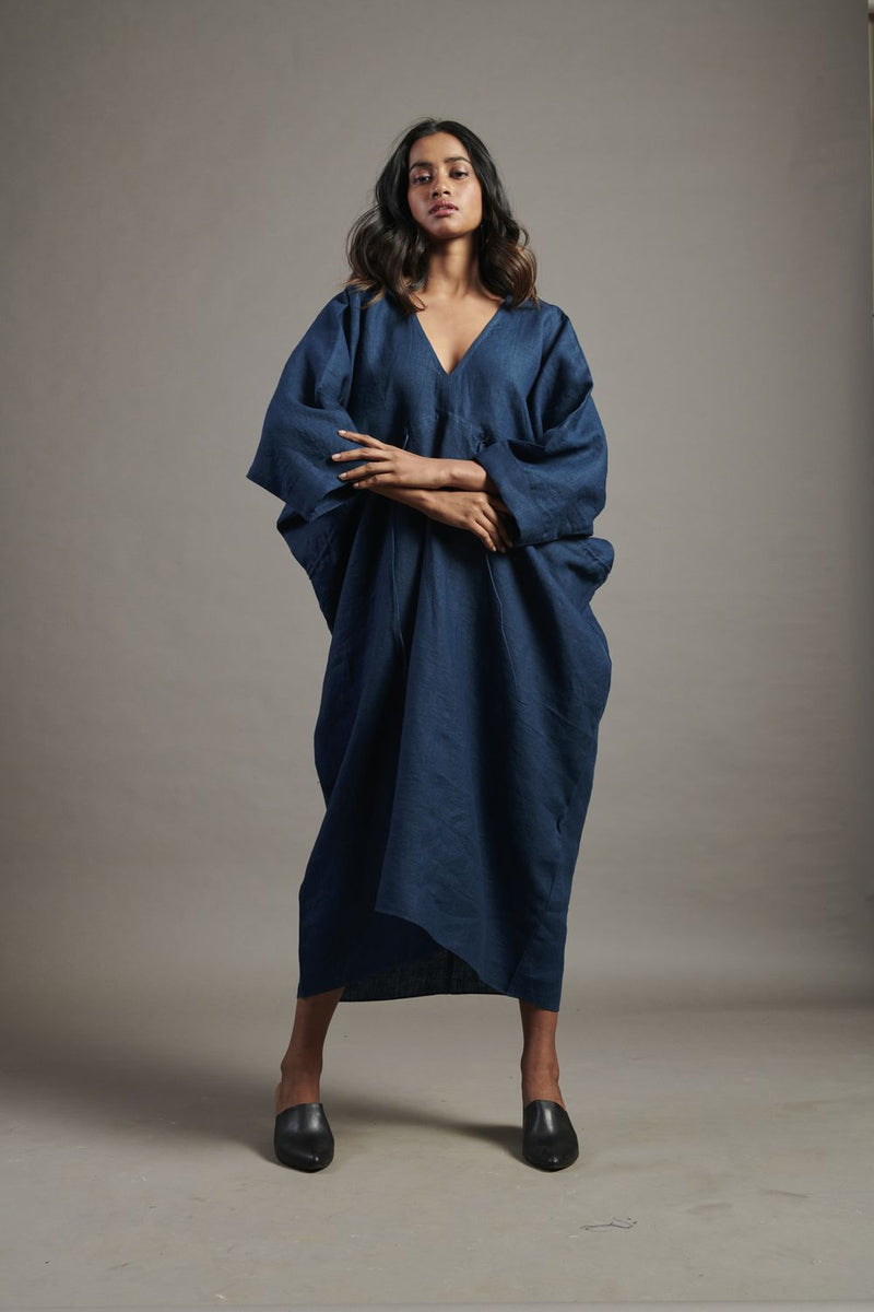 Indigo Linen Gathered Kaftan Dress linen by Saphed for women Worldwide