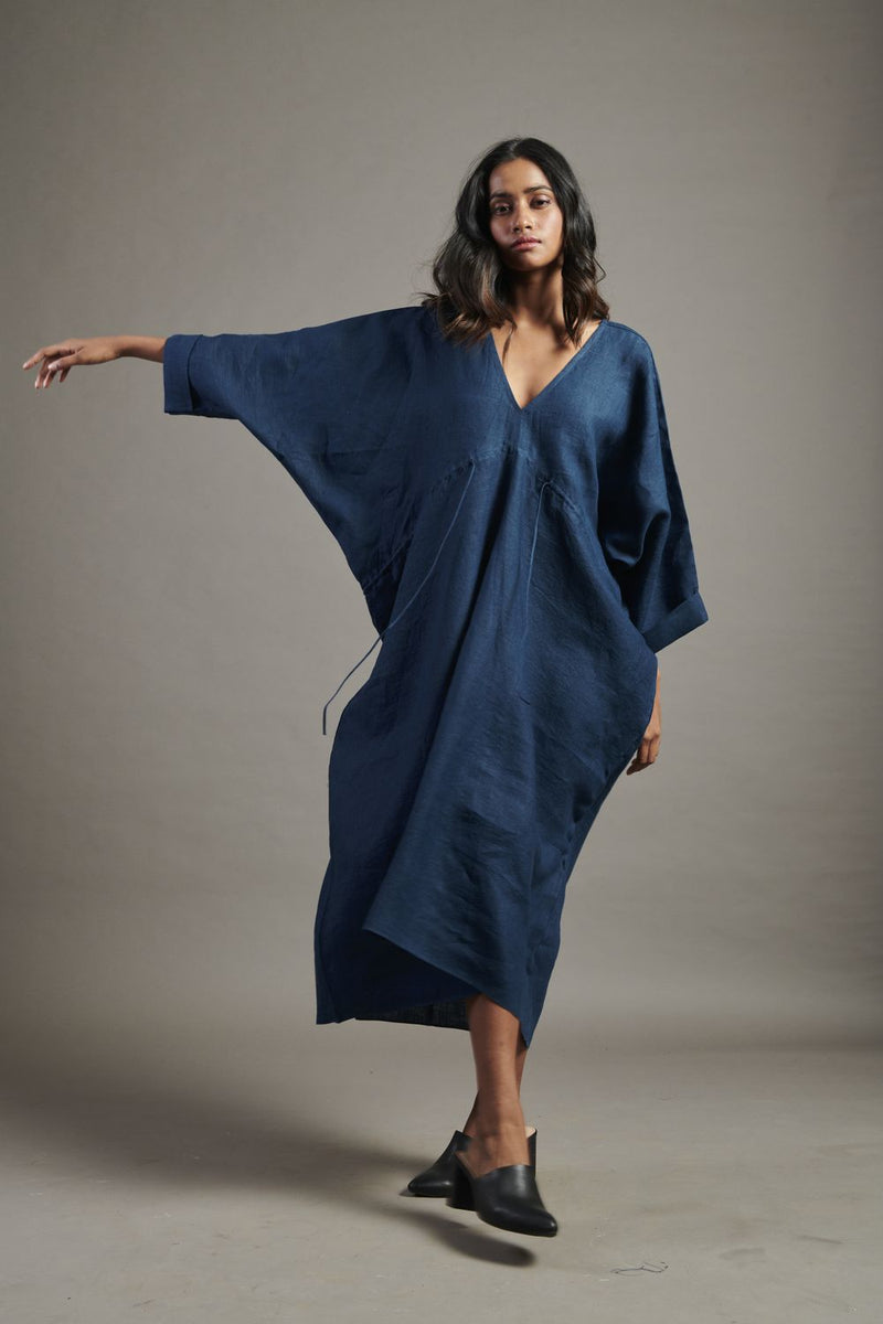 Indigo Linen Gathered Kaftan Dress linen by Saphed for women Worldwide