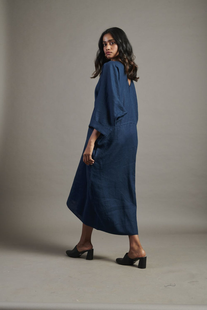 Indigo Linen Gathered Kaftan Dress linen by Saphed for women Worldwide