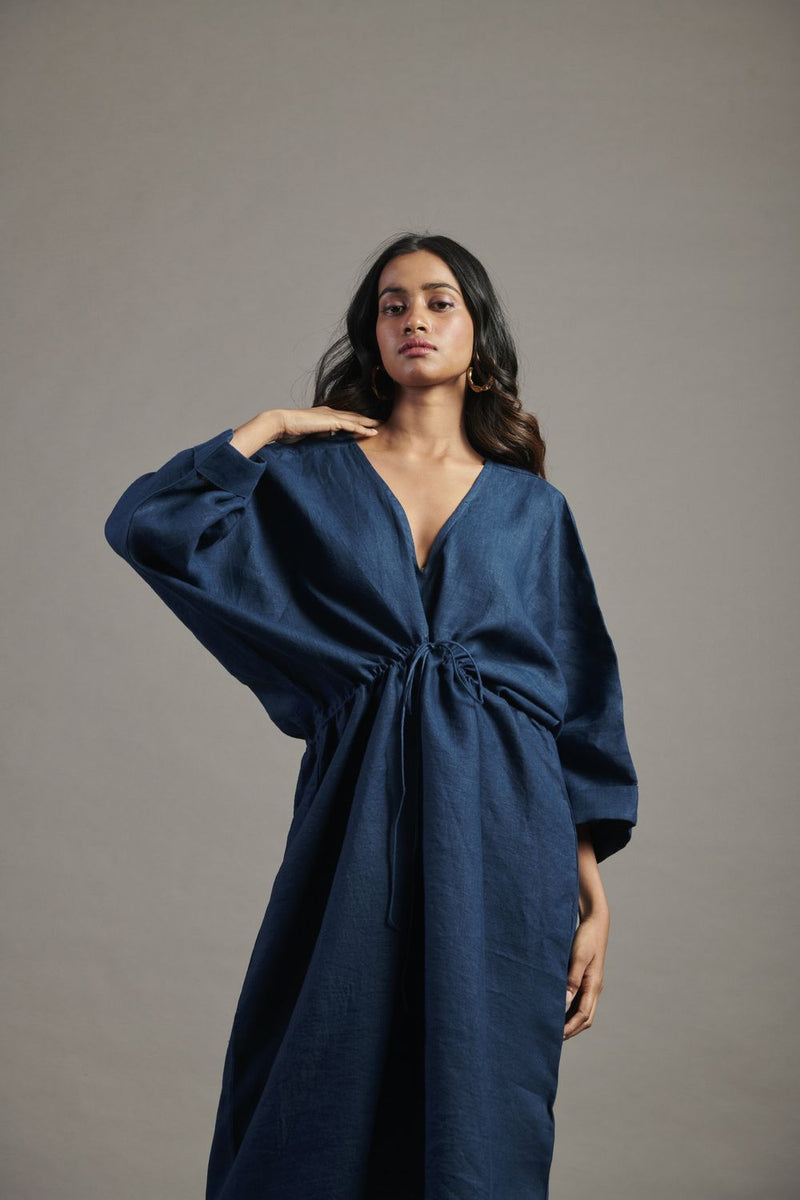 Indigo Linen Gathered Kaftan Dress linen by Saphed for women Worldwide