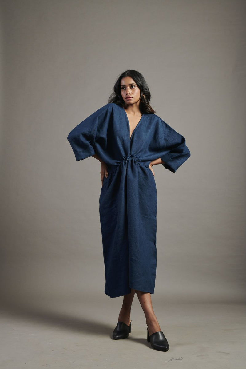 Indigo Linen Gathered Kaftan Dress linen by Saphed for women Worldwide