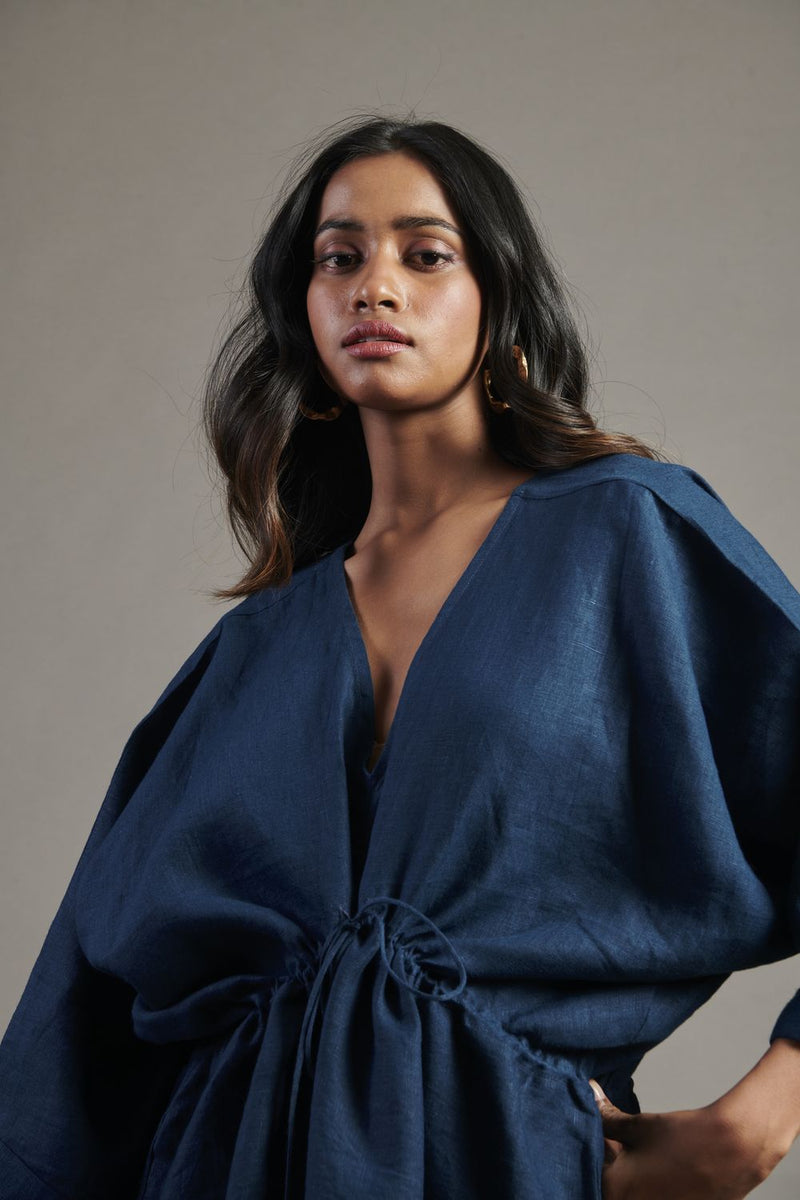Indigo Linen Gathered Kaftan Dress linen by Saphed for women Worldwide