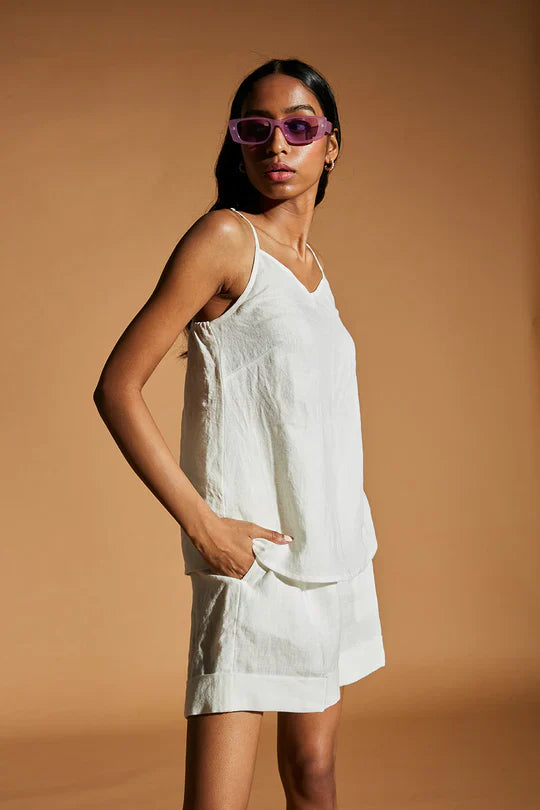 Taj Linen Slip Top Set linen Co-ord Sets by Saphed in white color for women Worldwide