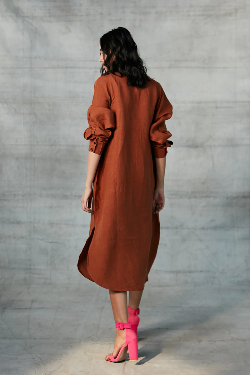 Cinnamon Linen Shirt Dress linen by Saphed in rust color for women Worldwide