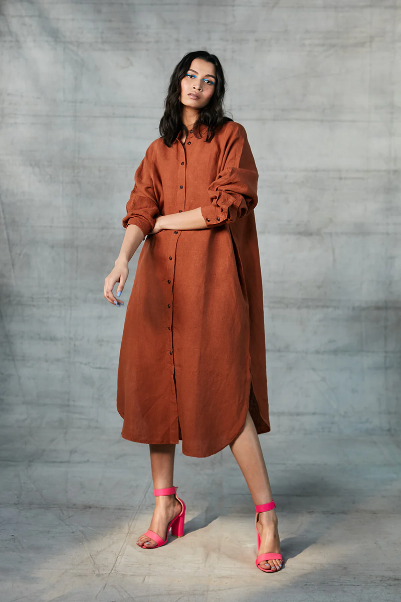 Cinnamon Linen Shirt Dress linen by Saphed in rust color for women Worldwide
