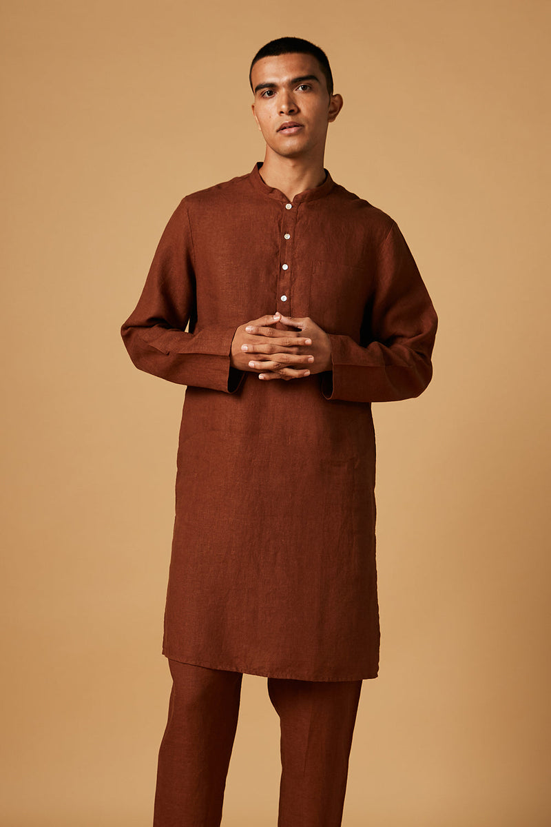 Cinnamon Linen Kurta Set by Saphed Men for men Worldwide