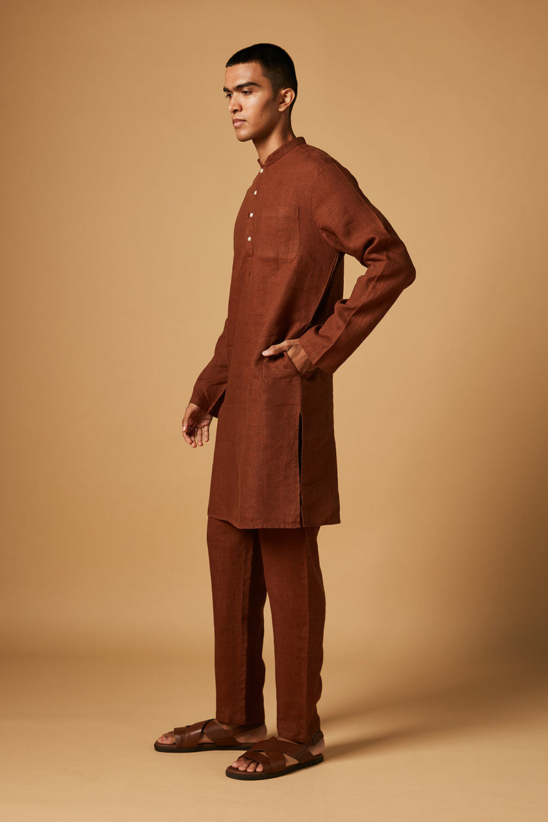 Cinnamon Linen Kurta Set by Saphed Men for men Worldwide