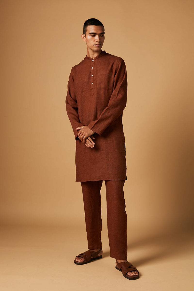Cinnamon Linen Kurta Set by Saphed Men for men Worldwide
