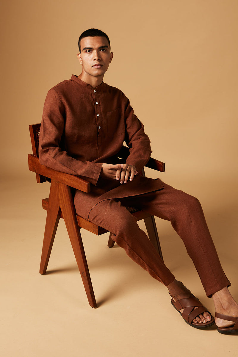 Cinnamon Linen Kurta Set by Saphed Men for men Worldwide