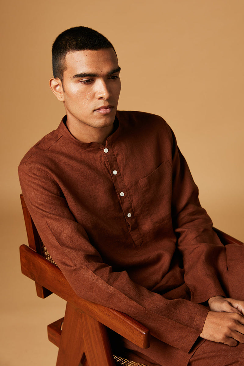 Cinnamon Linen Kurta Set by Saphed Men for men Worldwide