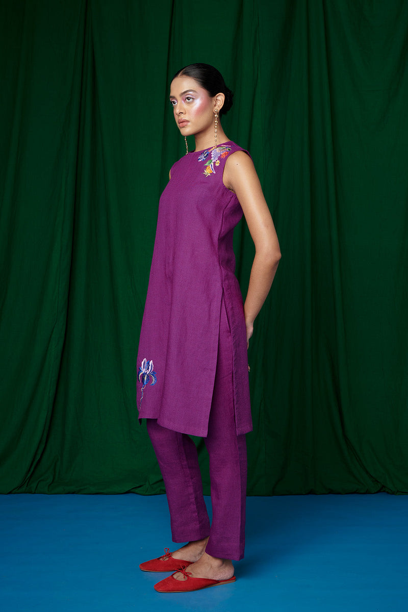 Violet Linen Fitted Kurta Set linen by Saphed for women Worldwide