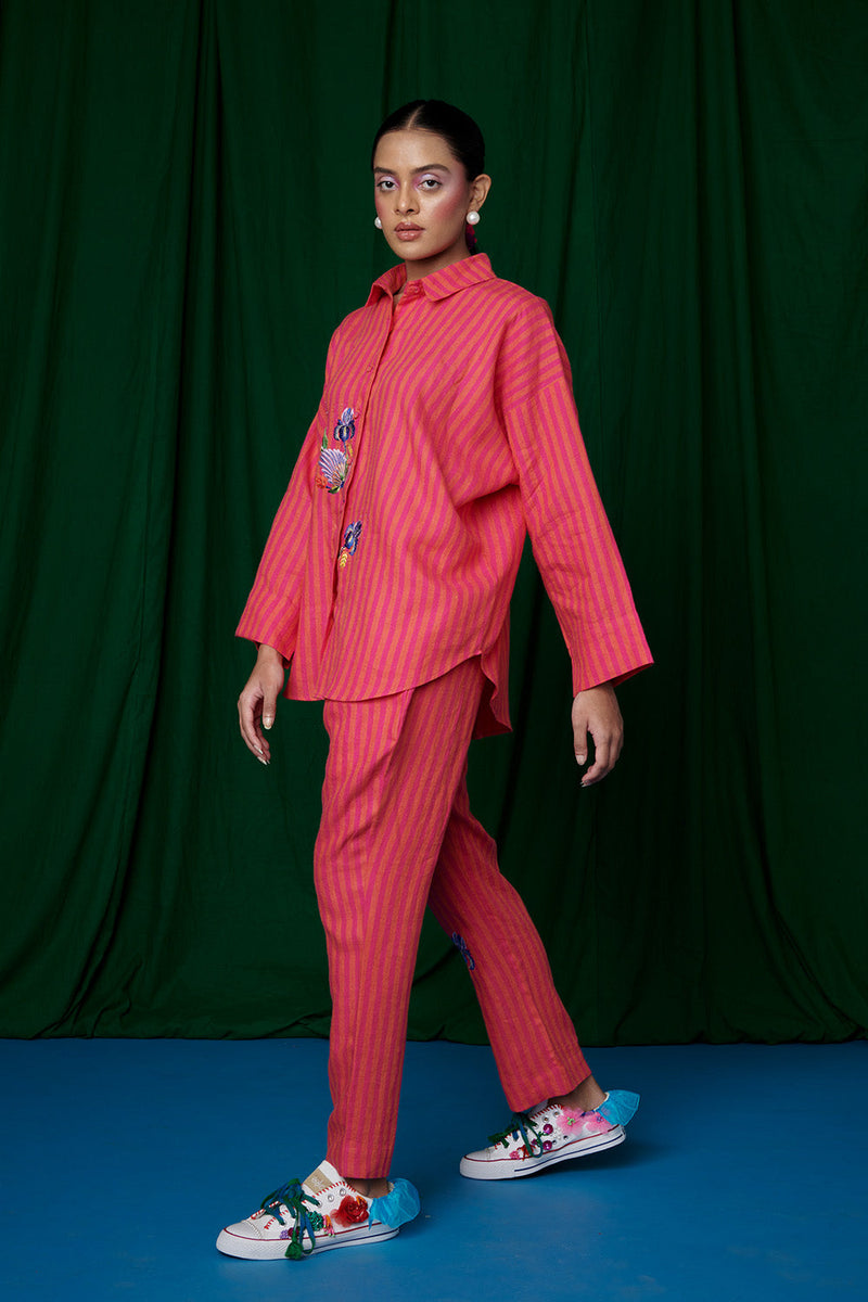 Coral Linen Oversized Flared Shirt Set linen by Saphed for women Worldwide