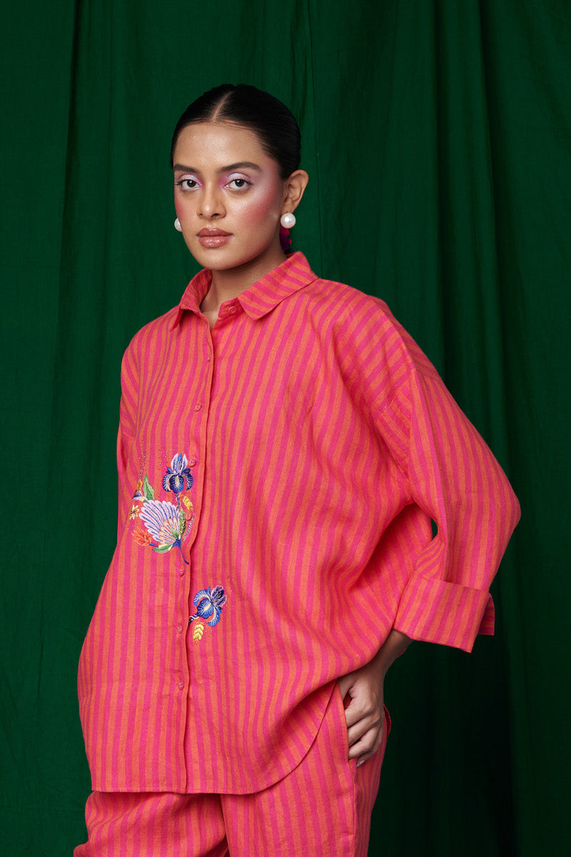 Coral Linen Oversized Flared Shirt Set linen by Saphed for women Worldwide