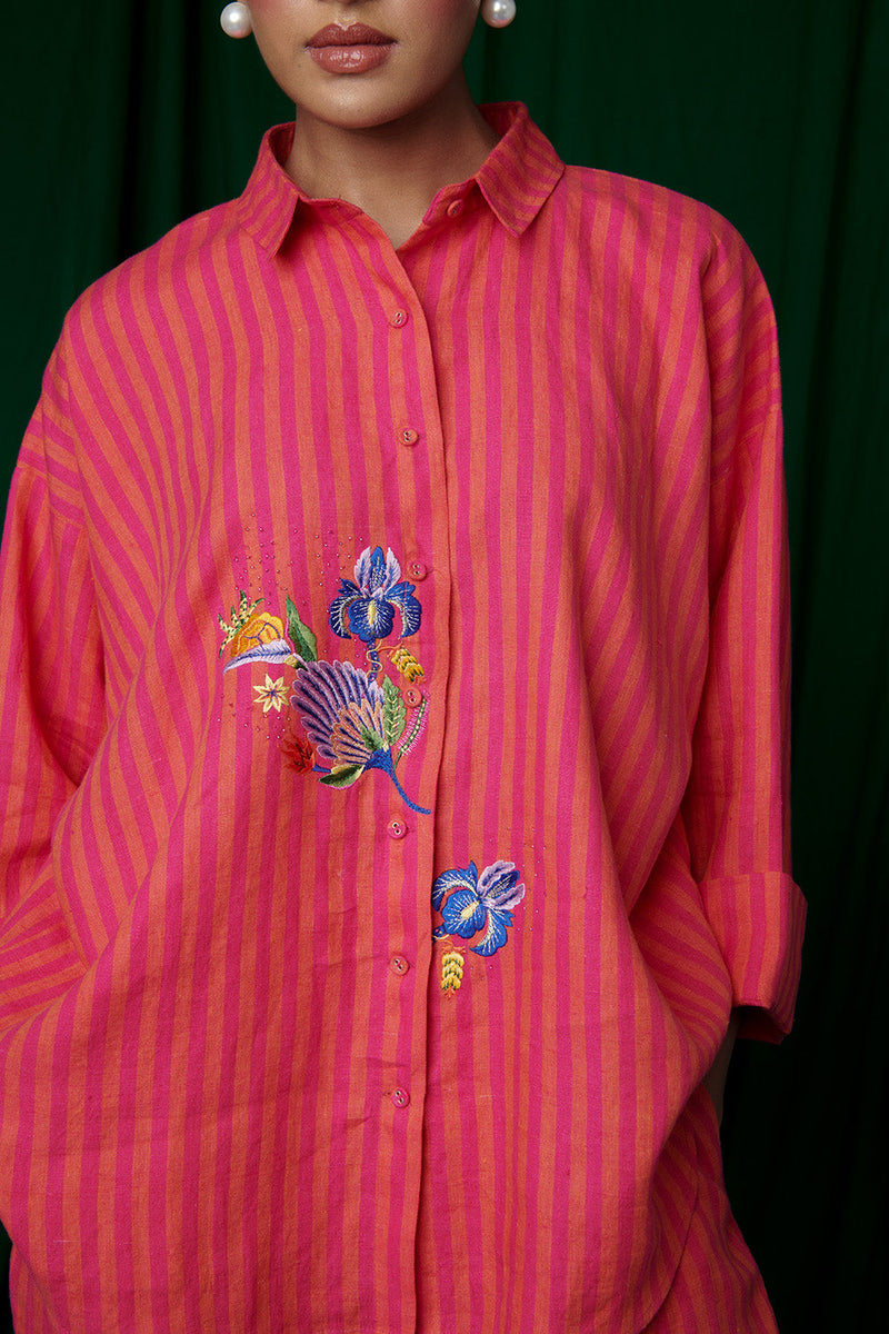 Coral Linen Oversized Flared Shirt Set linen by Saphed for women Worldwide