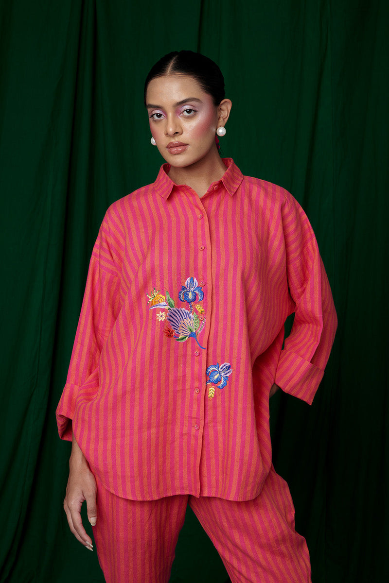 Coral Linen Oversized Flared Shirt linen by Saphed for women Worldwide
