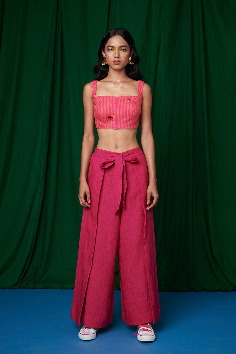 Linen Coral Bustier Top and Rani Wrap Pants linen by Saphed for women Worldwide