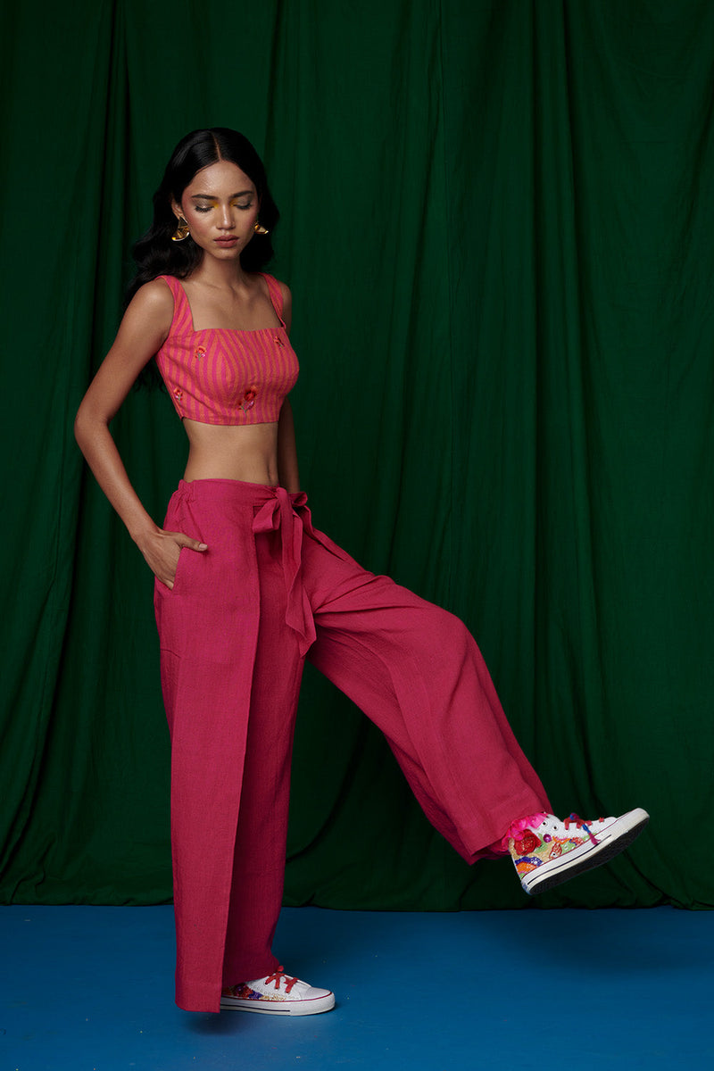 Linen Coral Bustier Top and Rani Wrap Pants linen by Saphed for women Worldwide