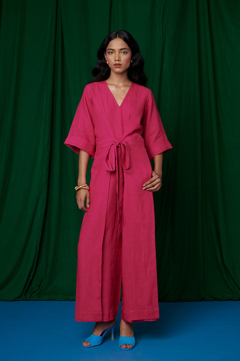 Rani Linen Pleated Wrap Jumpsuit linen by Saphed for women Worldwide