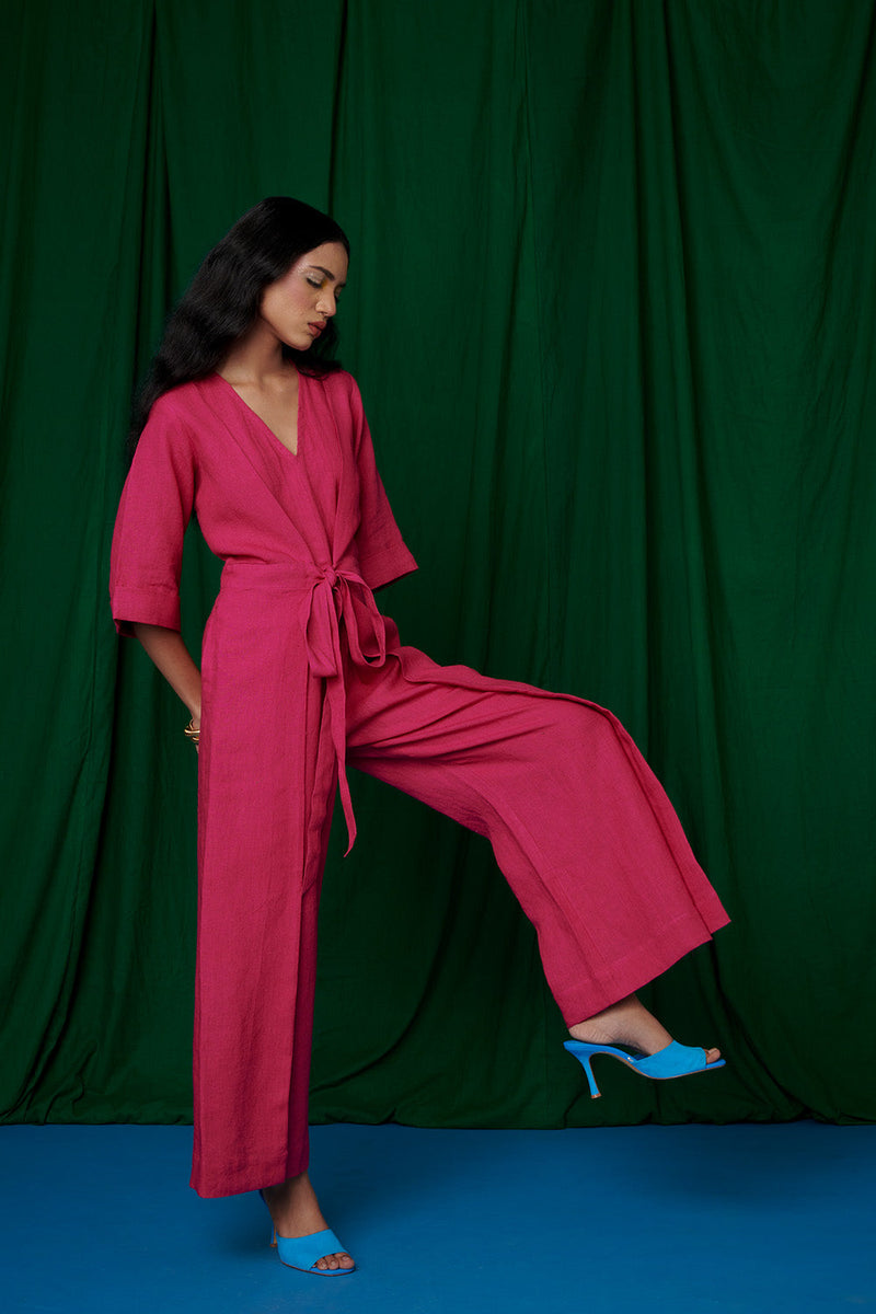 Rani Linen Pleated Wrap Jumpsuit linen by Saphed for women Worldwide