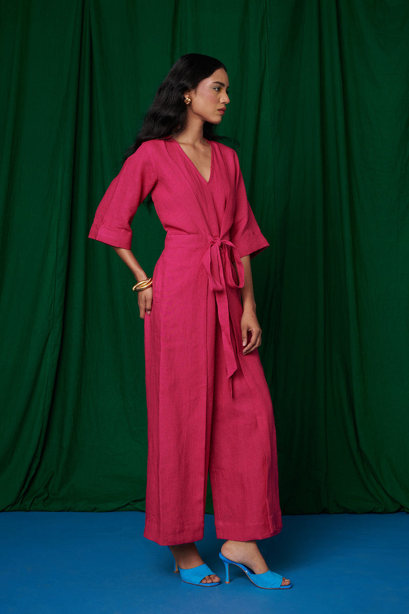 Rani Linen Pleated Wrap Jumpsuit linen by Saphed for women Worldwide