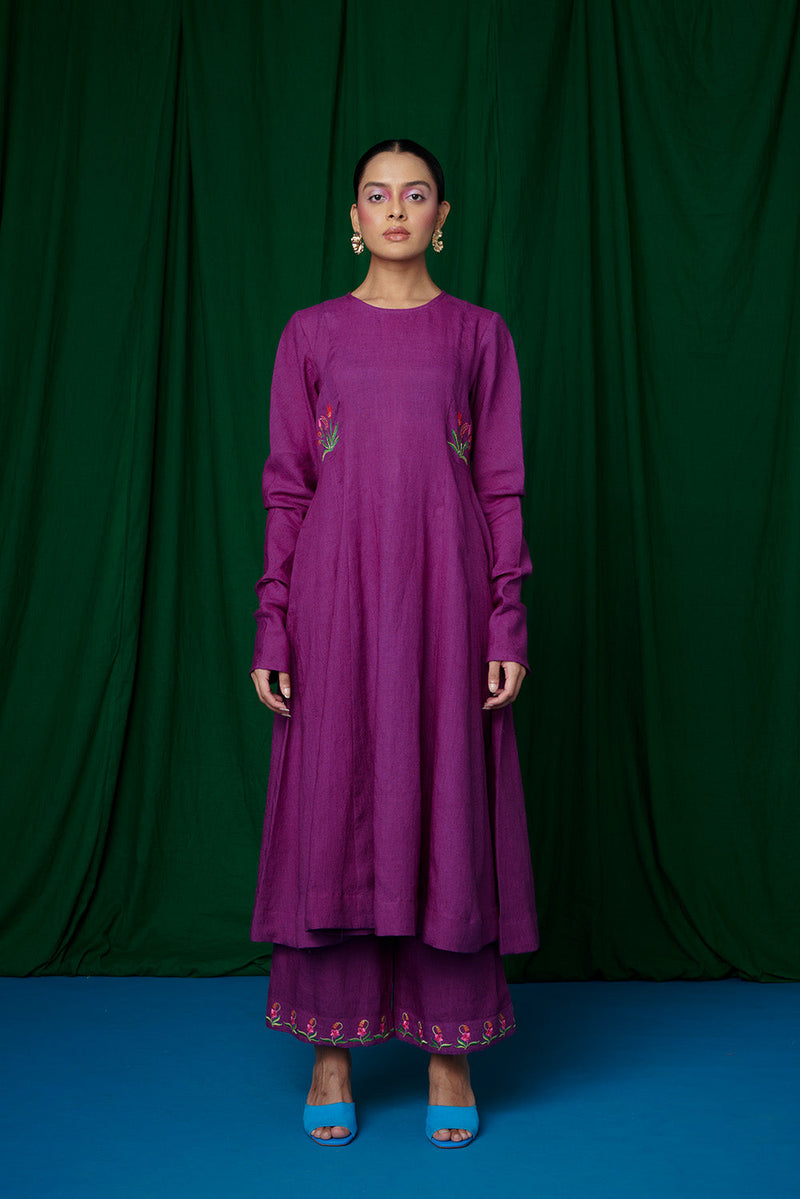 Violet Linen Anarkali Kurta Set linen by Saphed for women Worldwide