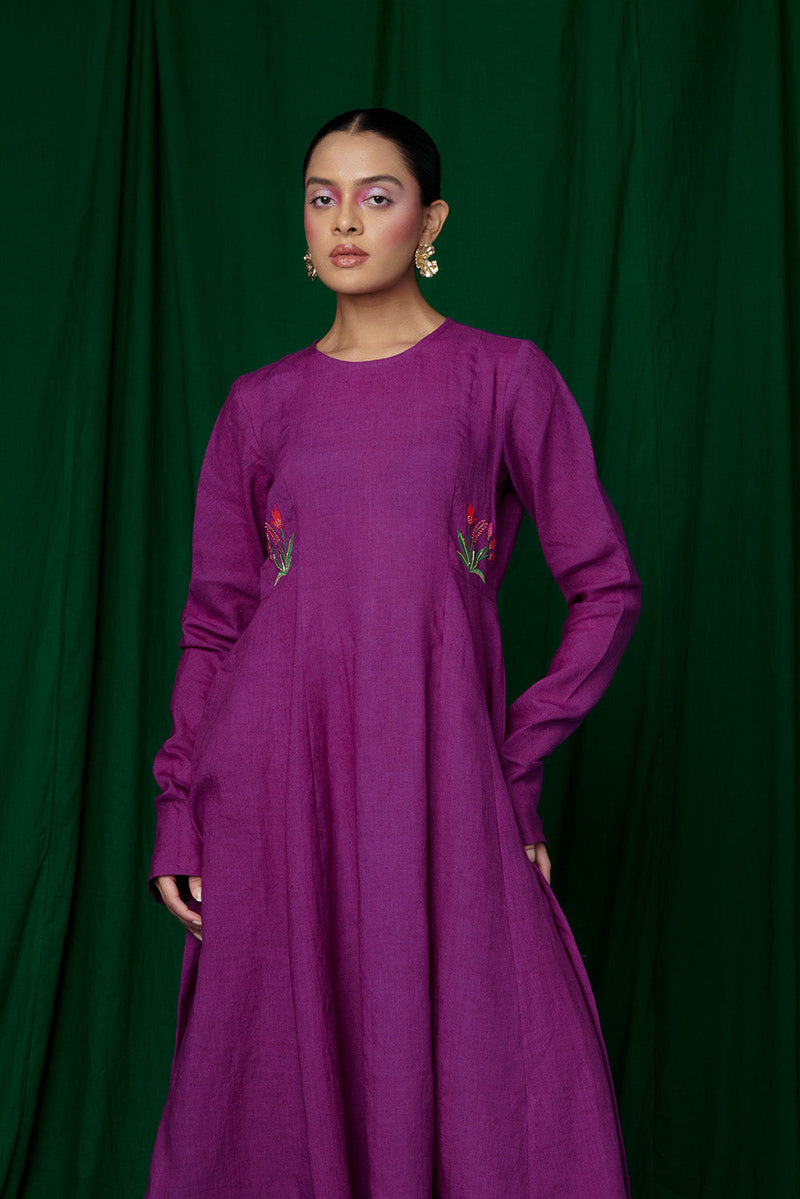 Violet Linen Anarkali Kurta Set linen by Saphed for women Worldwide