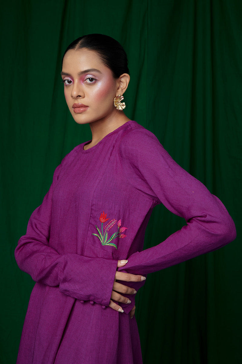 Violet Linen Anarkali Kurta Set linen by Saphed for women Worldwide