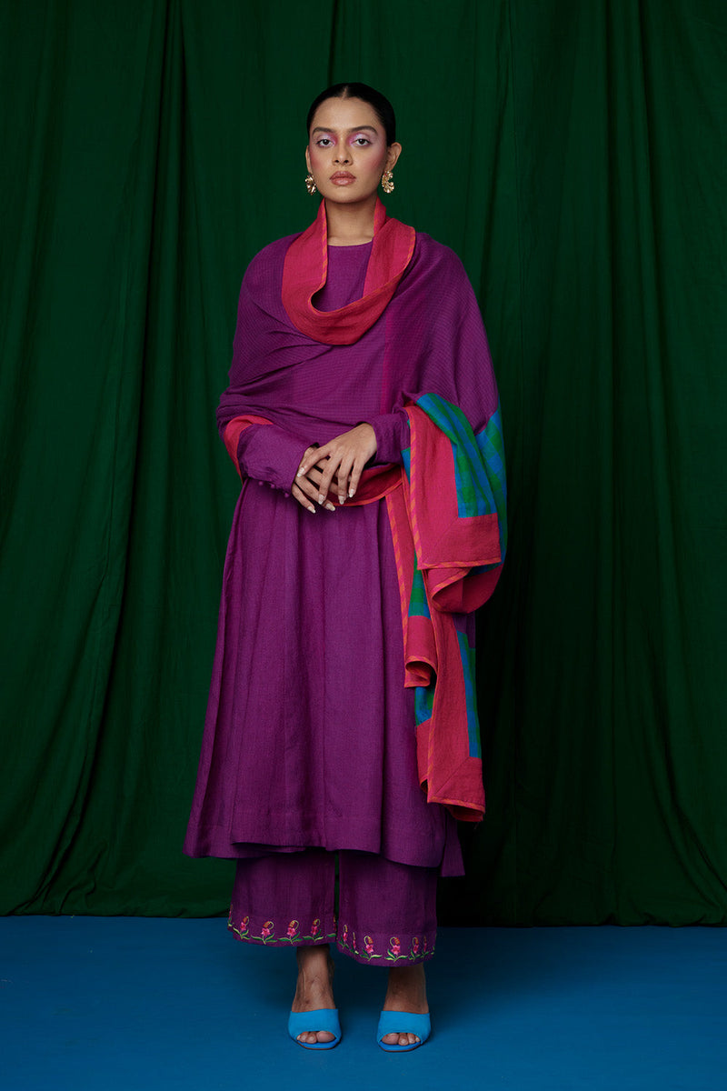 Violet Linen Anarkali Kurta Set linen by Saphed for women Worldwide