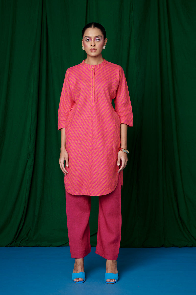 Coral Linen Panelled Kurta Set linen by Saphed for women Worldwide