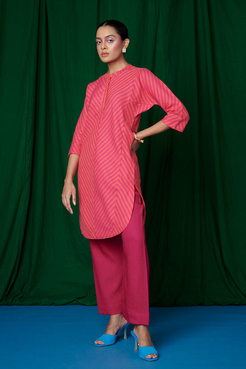 Coral Linen Panelled Kurta Set linen by Saphed for women Worldwide