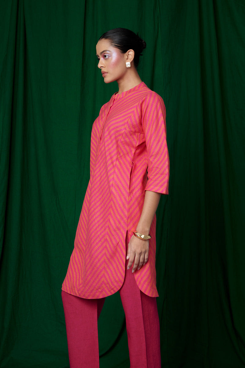 Coral Linen Panelled Kurta Set linen by Saphed for women Worldwide