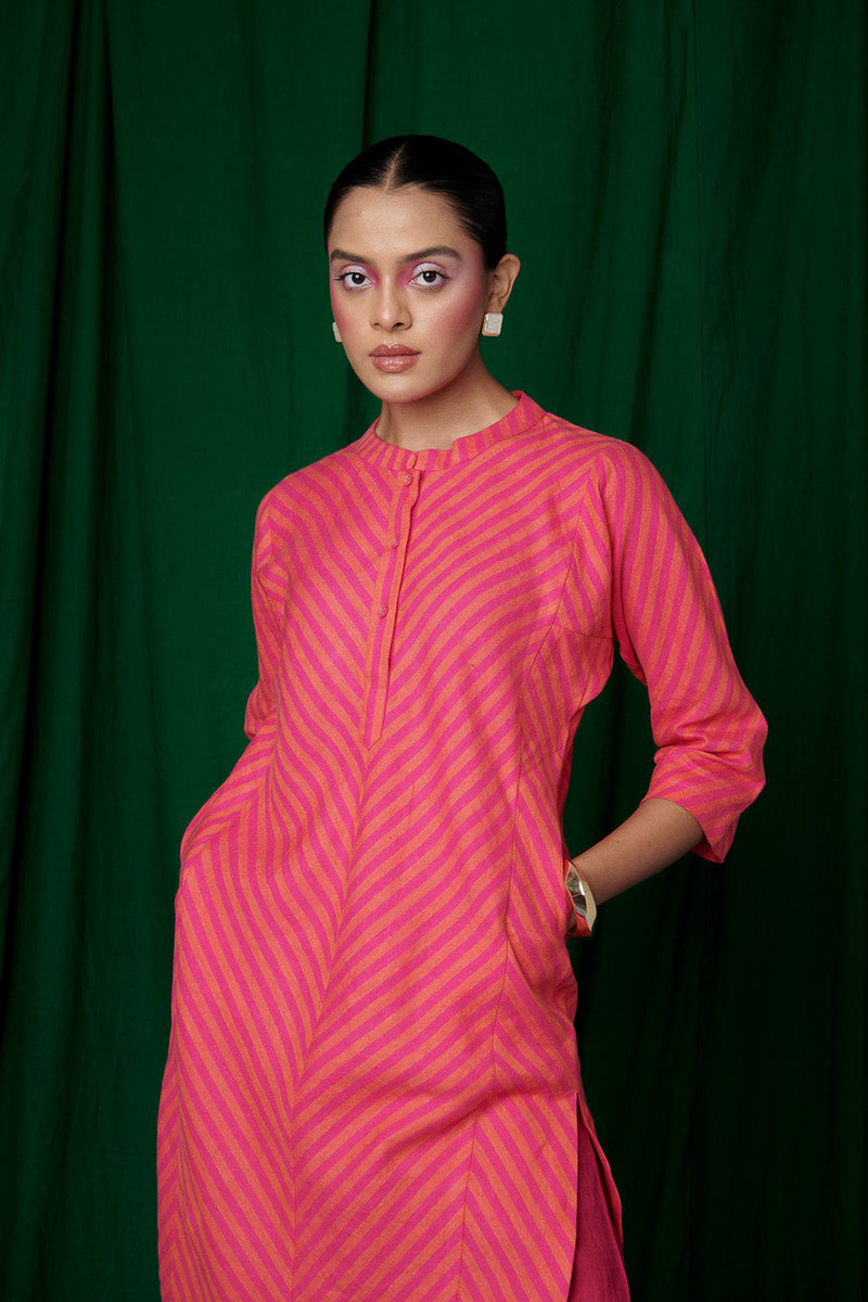 Coral Linen Panelled Kurta Set linen by Saphed for women Worldwide