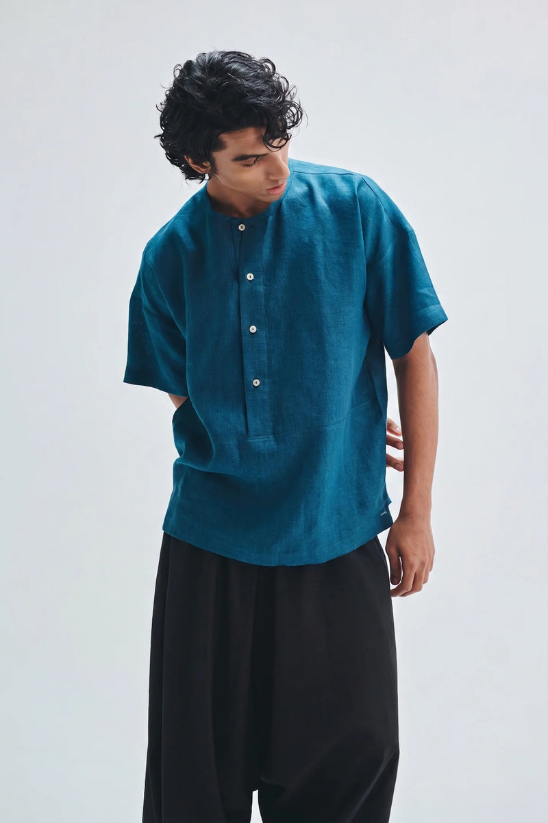 Indigo Linen Men’s Half Sleeves Panelled Shirt Kurta linen shirt by Saphed Men in blue for men Worldwide